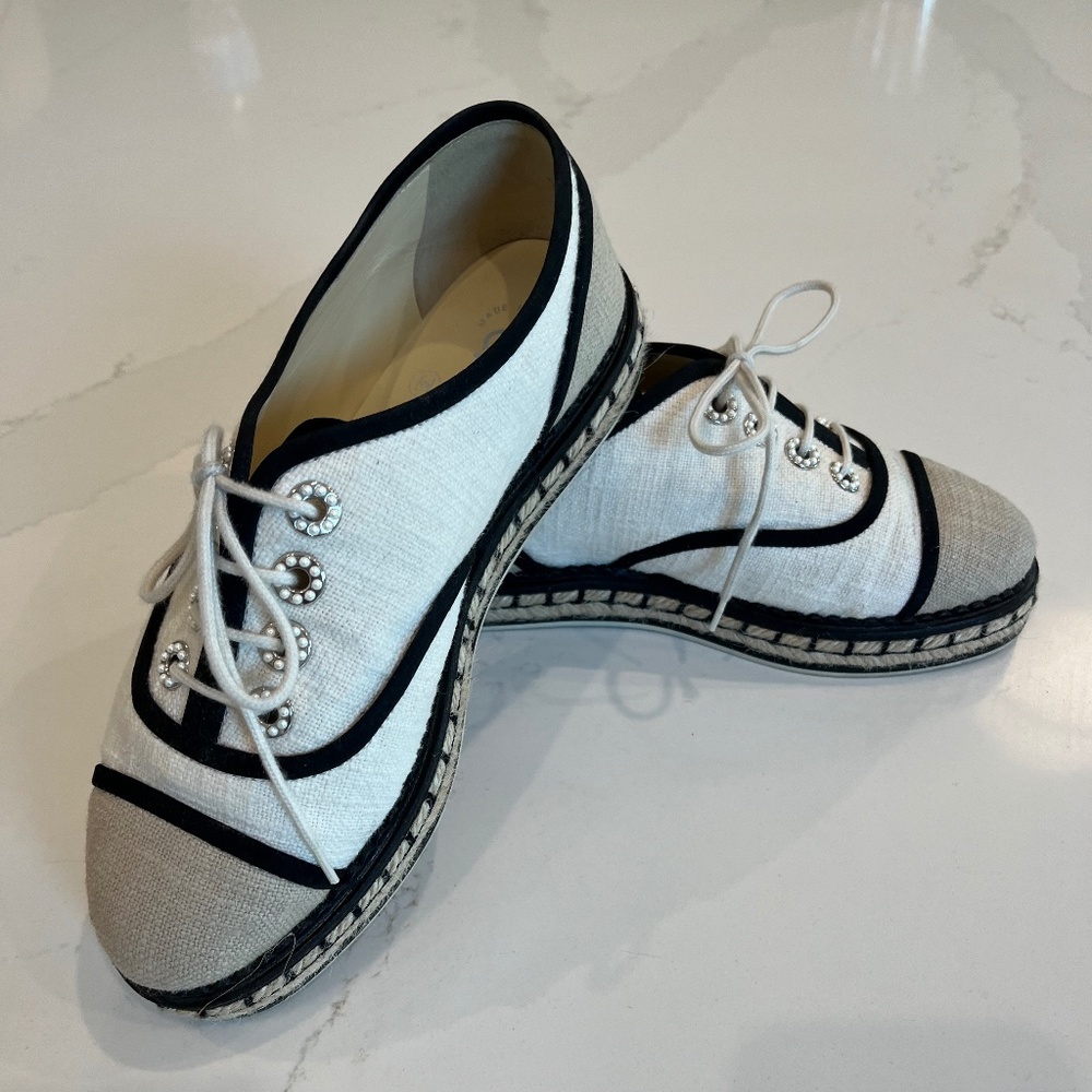 CHANEL White and Black Espadrilles with Rhinestone Detail